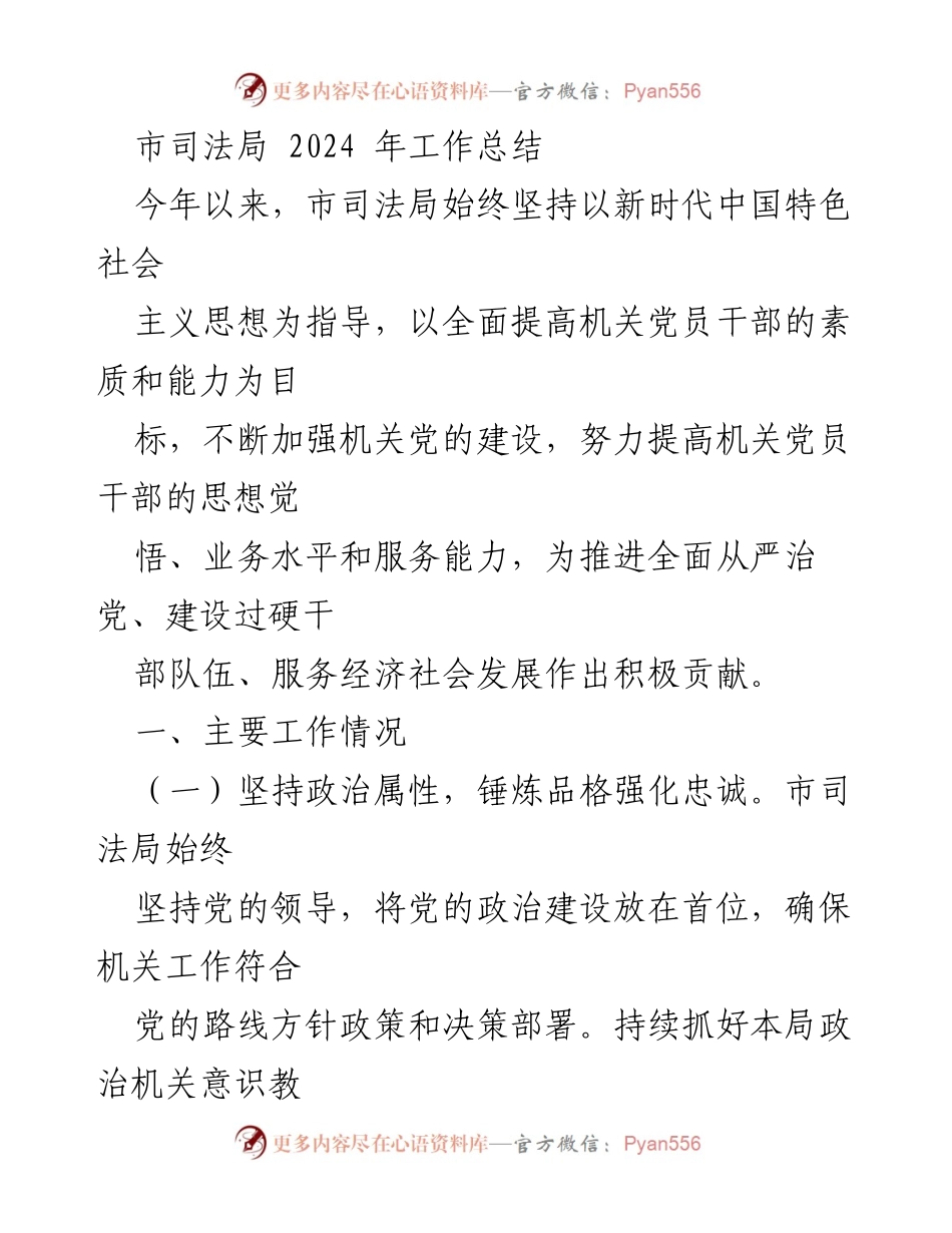 [工作总结] 市司法局 - 2024年工作总结与党建引领发展成效分析.docx_第1页