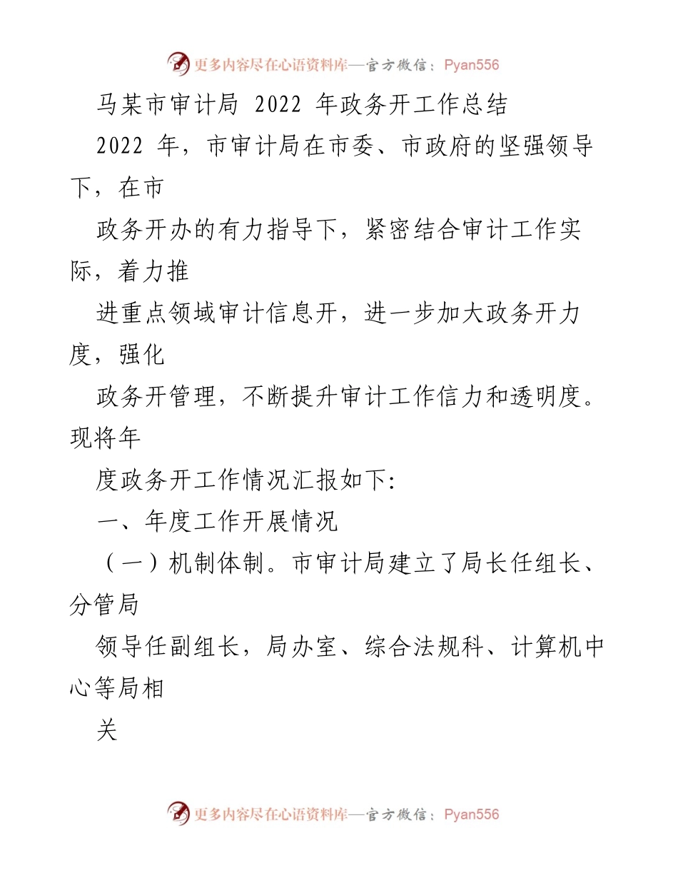 [工作总结] 审计局 - 2022年马某市审计局政务公开工作总结.docx_第1页