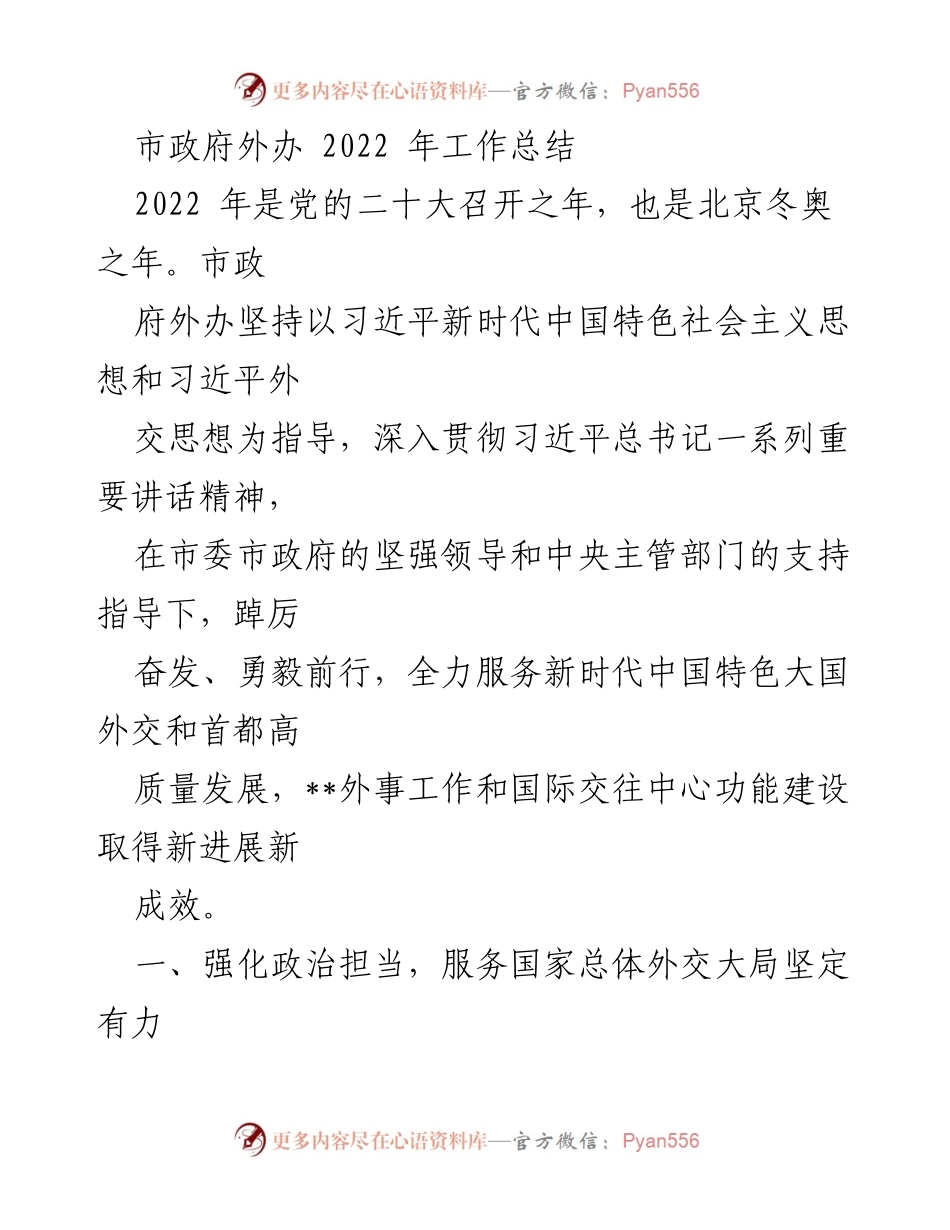 [工作总结] 市政府外办 - 2022年外事工作成效与发展总结.docx_第1页