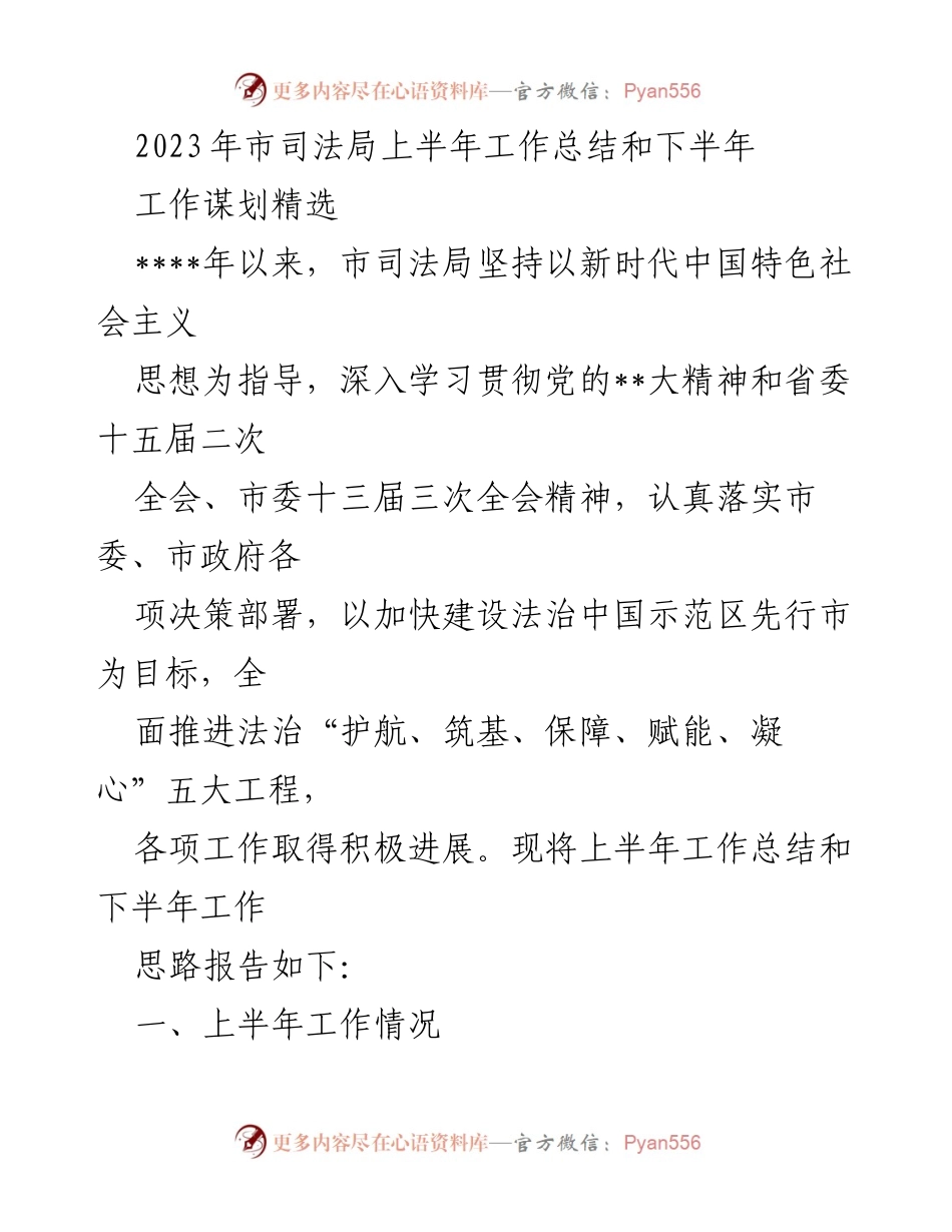 [工作总结] 市司法局 - 2023年上半年工作总结与下半年工作谋划_1.docx_第1页