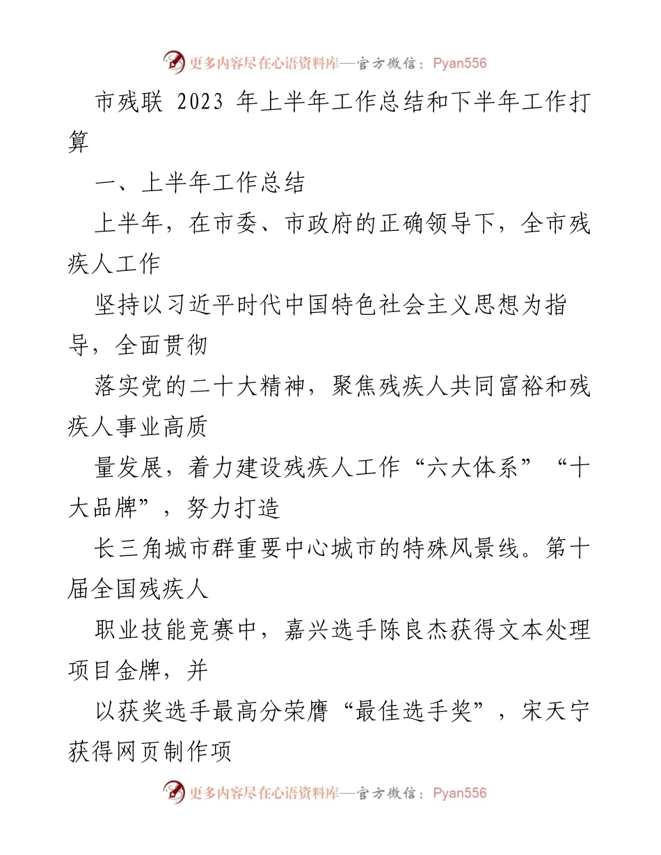 [工作总结] 市残联 - 2023年上半年残疾人工作总结与下半年计划.docx_第1页
