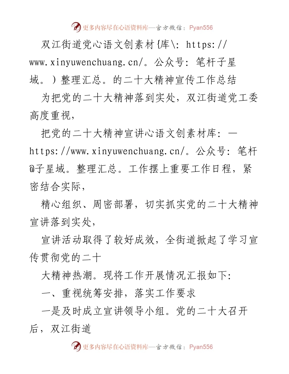 [工作总结] 宣传工作 - 双江街道党的二十大精神宣传工作总结.docx_第1页