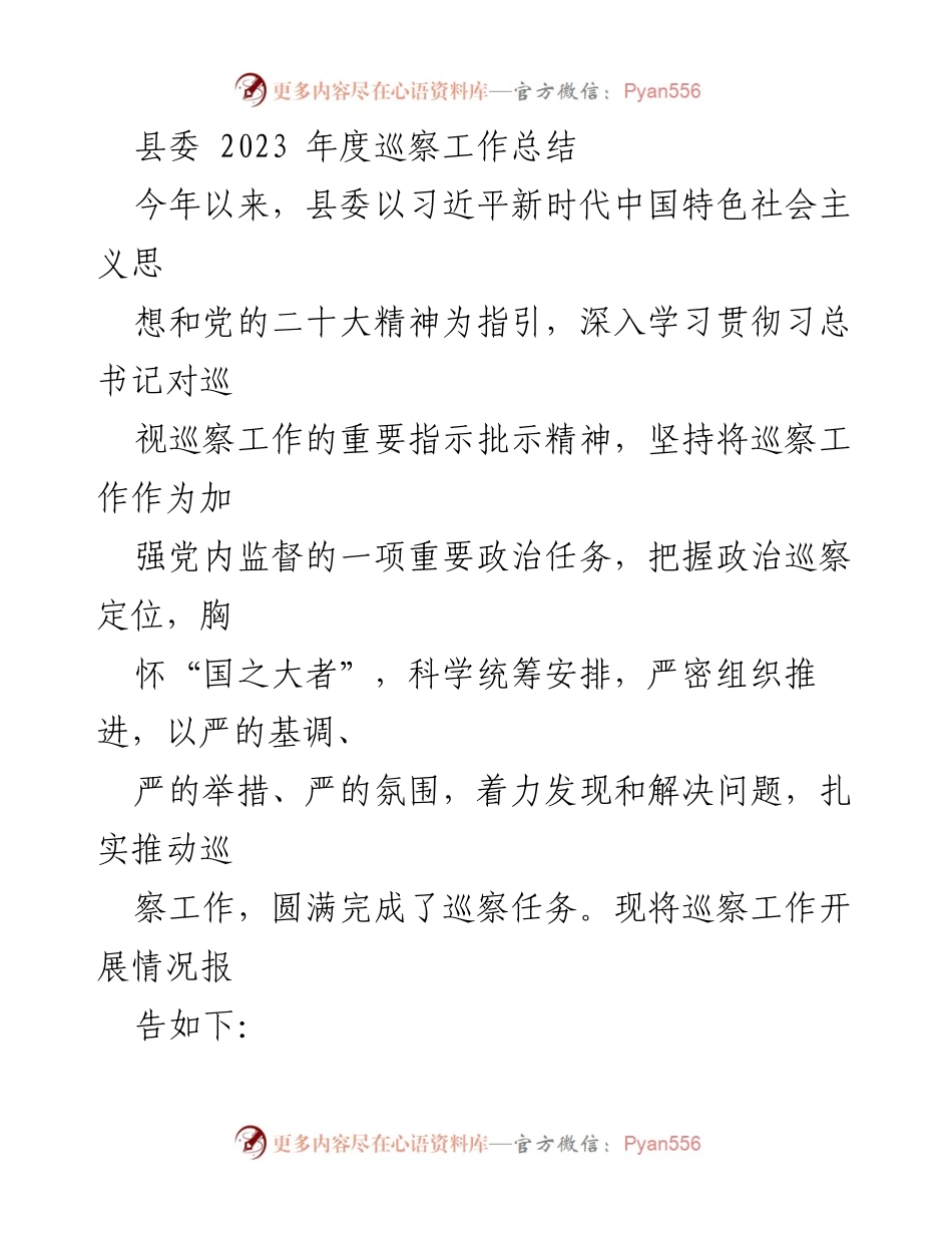 [工作总结] 巡察工作 - 2023年度县委巡察工作总结报告.docx_第1页