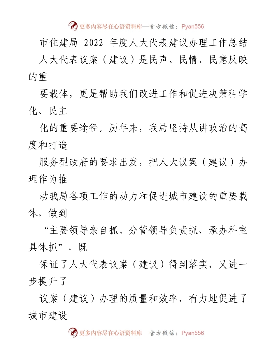 [工作总结] 市住建局 - 2022年度人大代表建议办理工作总结.docx_第1页