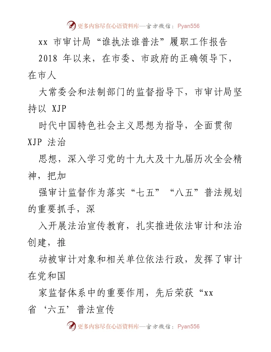 [工作总结] 市审计局 - 市审计局“谁执法谁普法”履职工作报告总结.docx_第1页