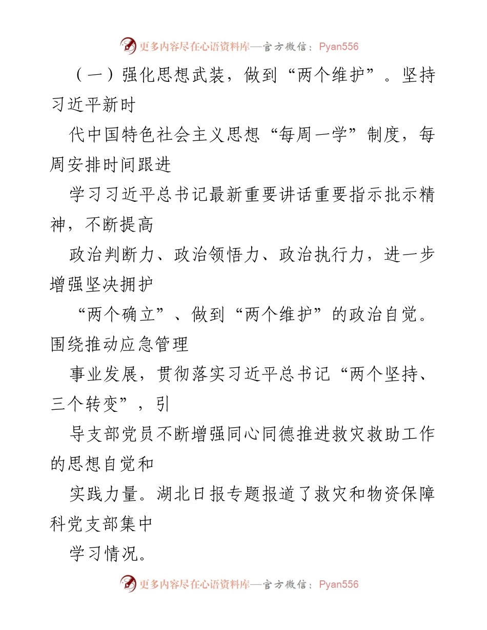 [工作总结] 市应急管理局 - 党支部建设情况汇报及救灾工作成效.docx_第2页