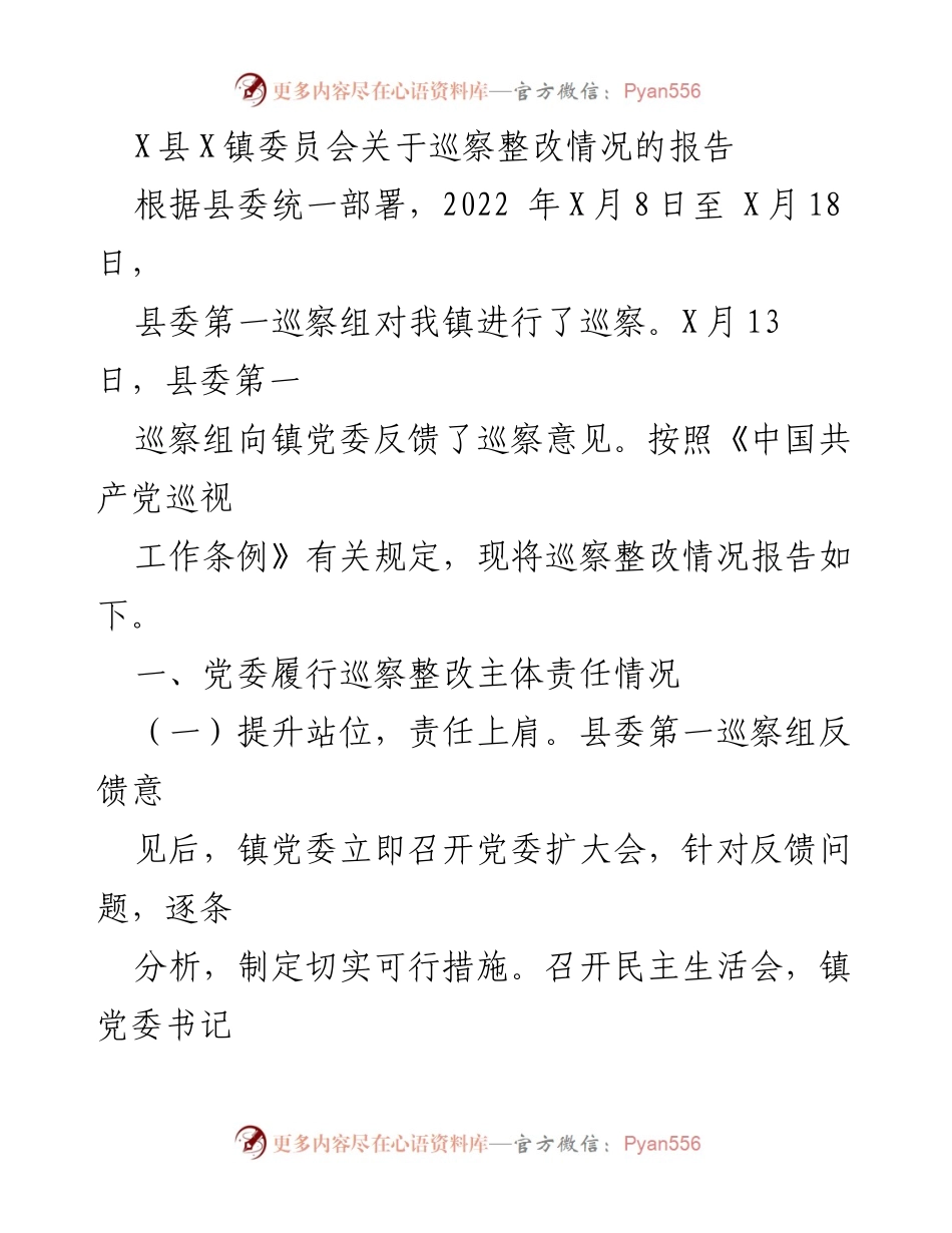 [工作总结] 巡察整改 - X县X镇委员会巡察整改情况报告.docx_第1页