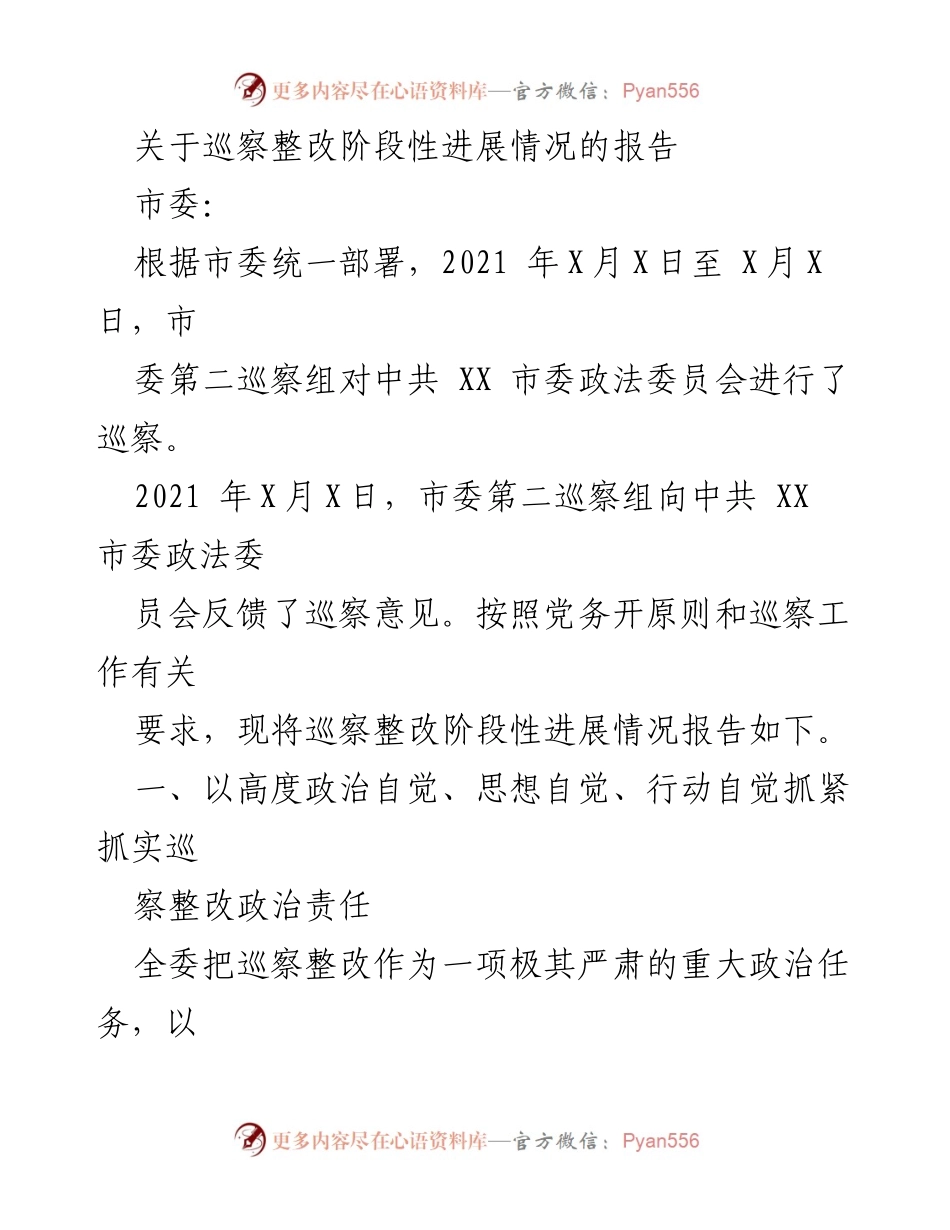 [工作总结] 巡察整改 - 巡察整改阶段性进展情况报告.docx_第1页