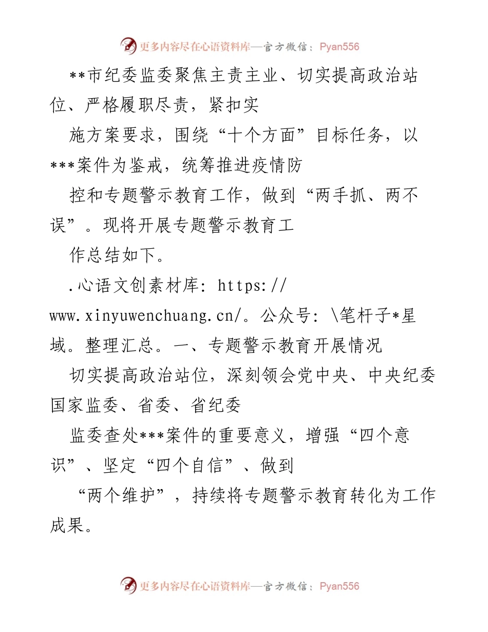 [工作总结] 市纪委监委 - 专题警示教育工作总结与实施情况报告.docx_第1页