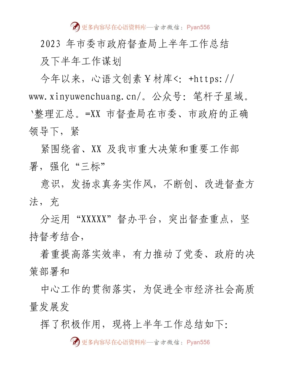 [工作总结] 市委市政府督查局 - 2023年上半年工作总结与下半年谋划.docx_第1页