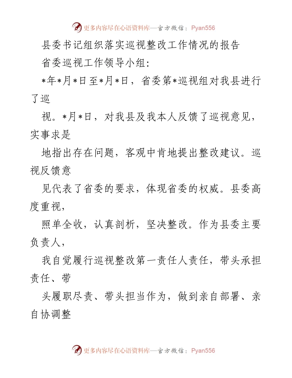 [工作总结] 巡视整改 - 县委书记巡视整改工作落实情况报告.docx_第1页