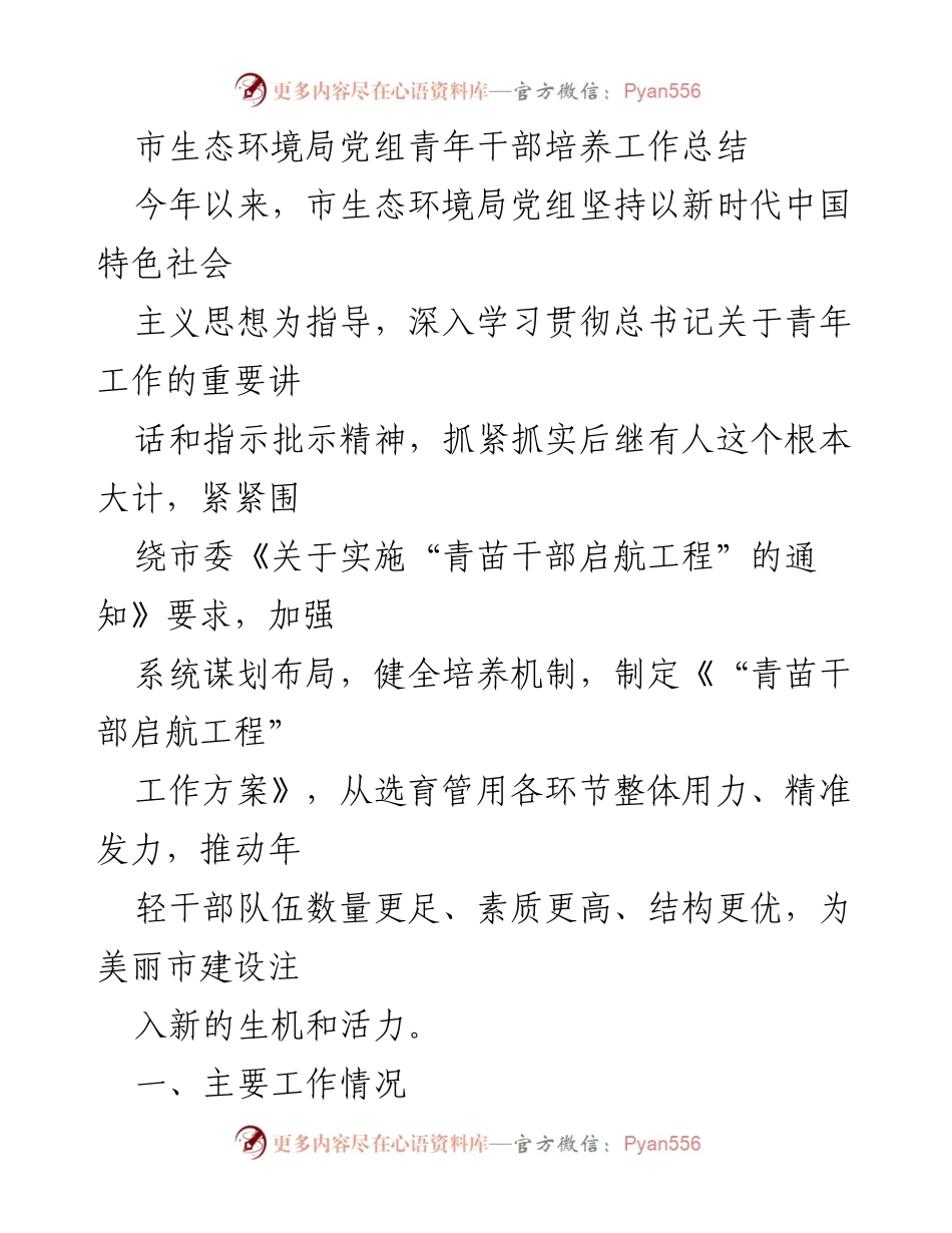 [工作总结] 市生态环境局 - 青年干部培养工作总结与实践探索.docx_第1页