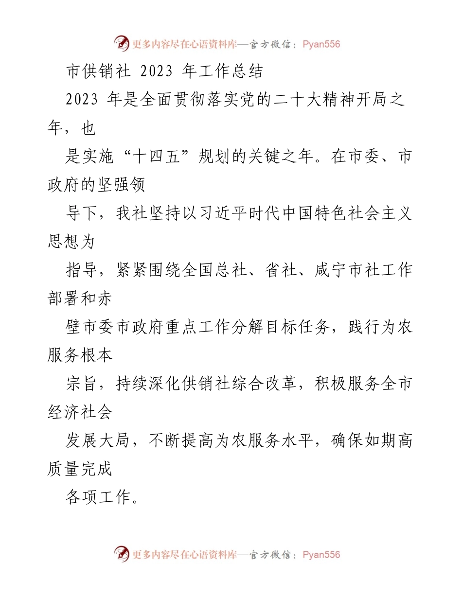 [工作总结] 市供销社 - 2023年工作总结与党建推进情况报告.docx_第1页