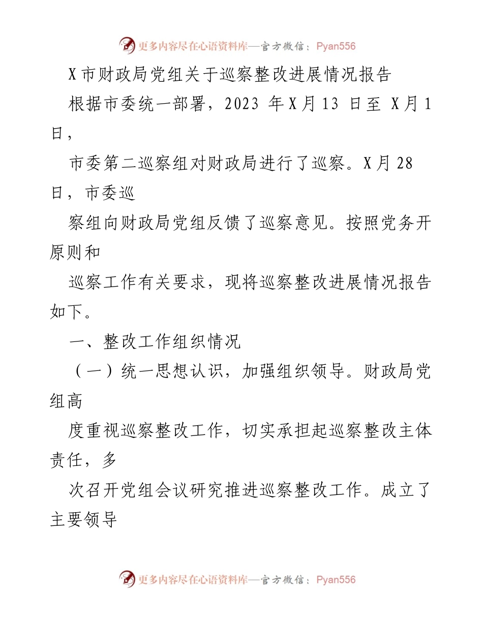 [工作总结] 巡察整改 - X市财政局巡察整改进展情况报告.docx_第1页