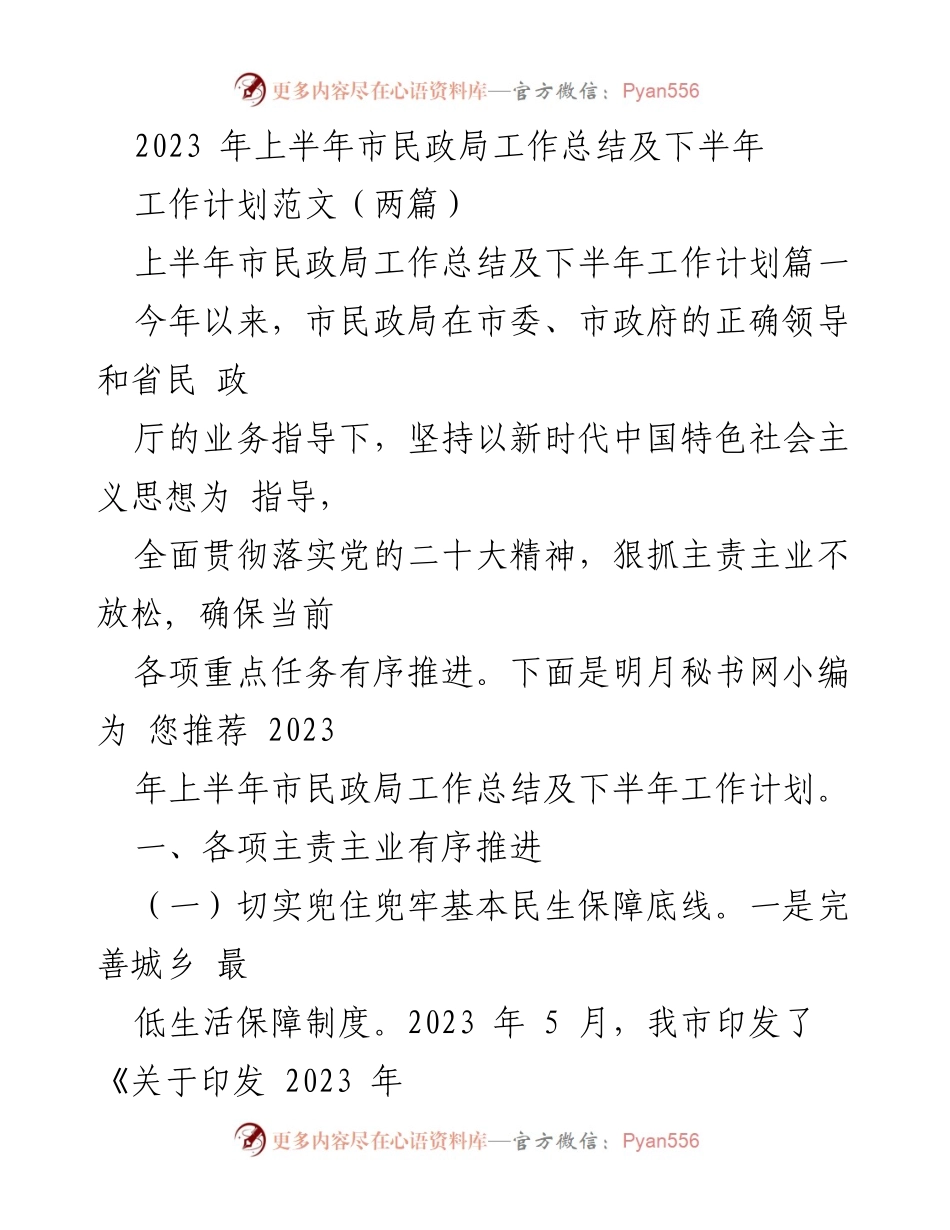 [工作总结] 市民政局 - 2023年上半年工作总结与下半年工作计划.docx_第1页