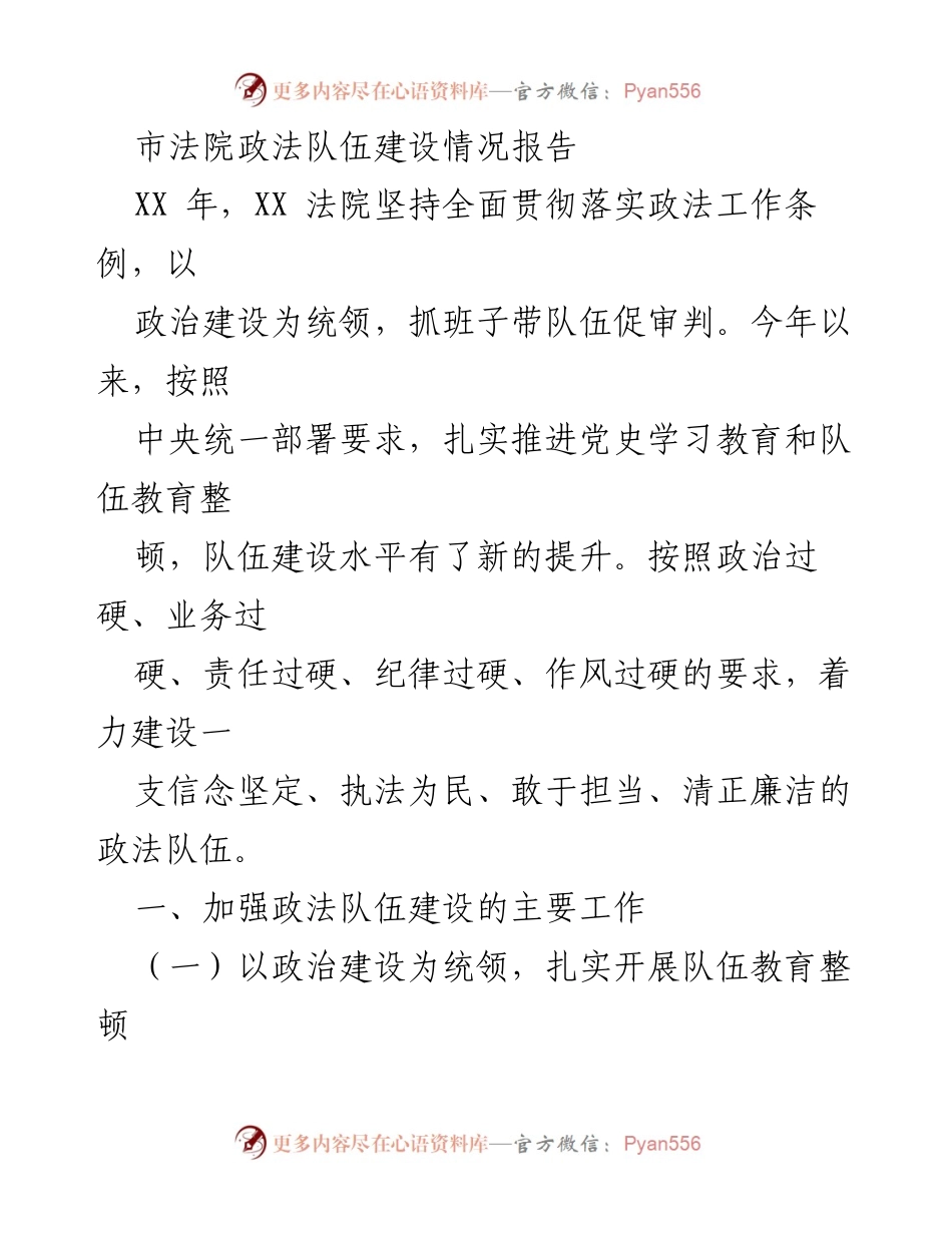 [工作总结] 市法院 - XX年政法队伍建设情况报告.docx_第1页