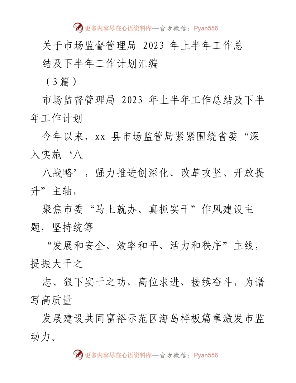 [工作总结] 市场监督管理局 - 2023年上半年工作总结及下半年工作计划汇编.docx_第1页