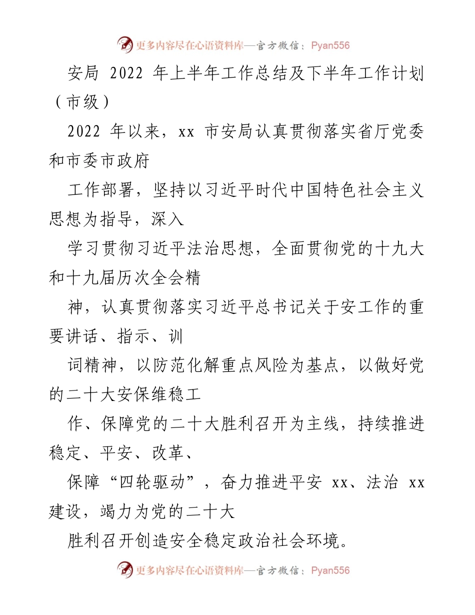 [工作总结] 市级安局 - 2022年上半年工作总结及下半年工作计划.docx_第1页