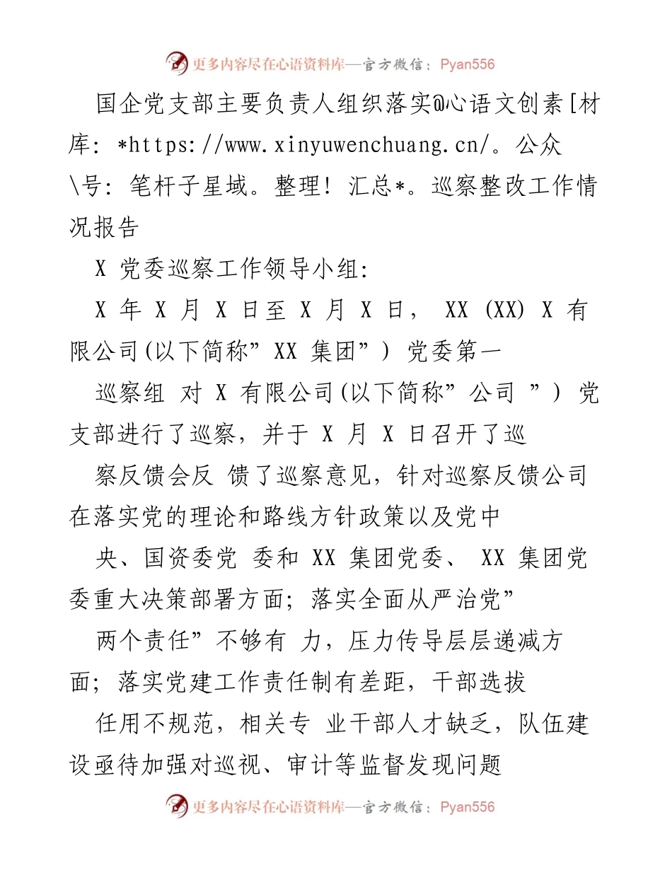 [工作总结] 巡察整改 - 国企党支部巡察整改工作落实情况报告.docx_第1页