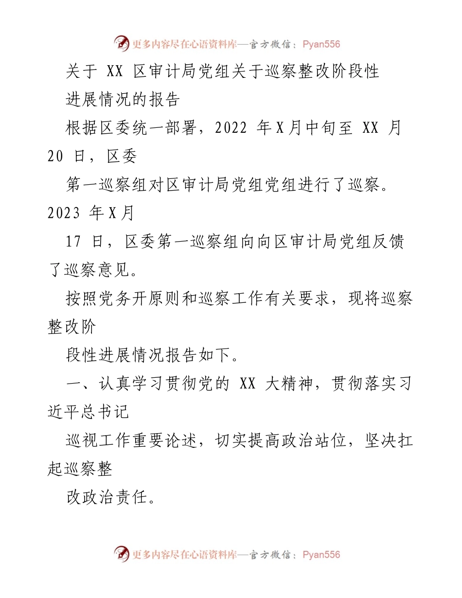 [工作总结] 巡察整改 - XX区审计局党组巡察整改阶段性进展情况报告.docx_第1页