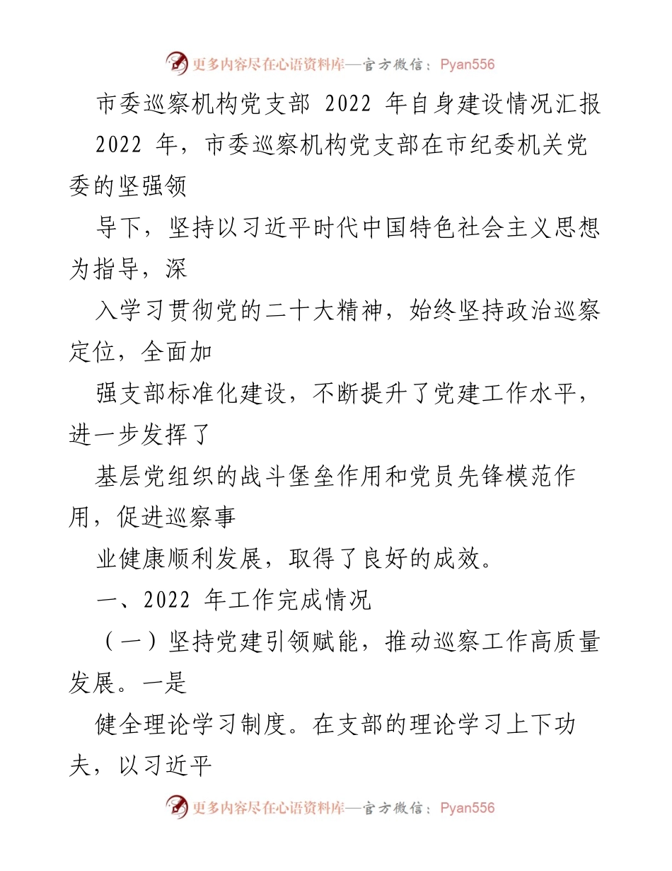 [工作总结] 市委巡察机构 - 2022年市委巡察机构党支部自身建设情况汇报.docx_第1页