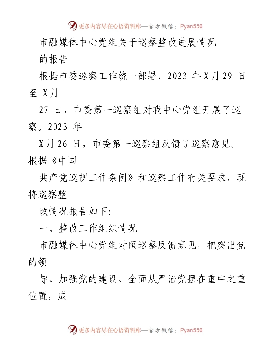 [工作总结] 巡察整改 - 市融媒体中心巡察整改进展情况报告.docx_第1页