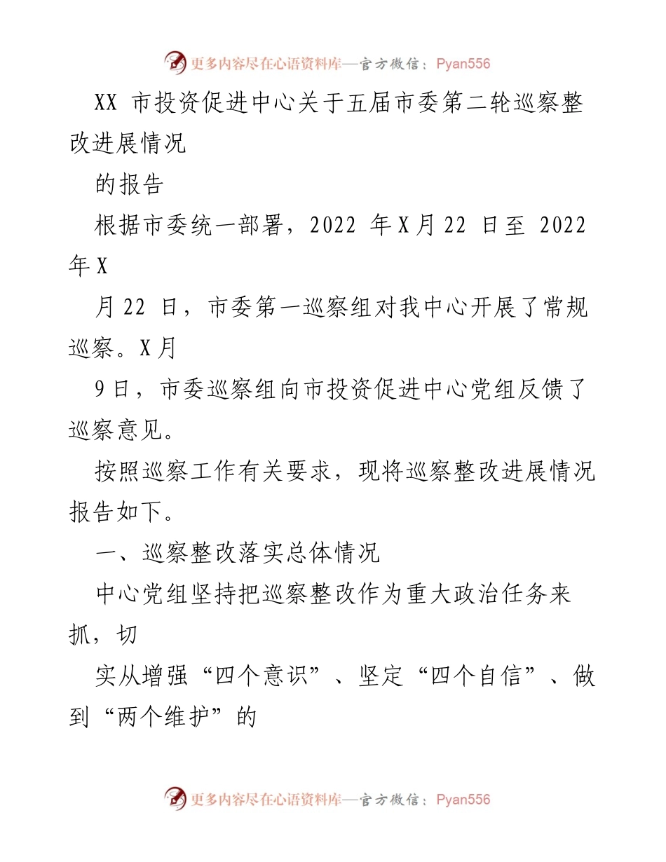 [工作总结] 巡察整改 - XX市投资促进中心巡察整改进展情况报告_1.docx_第1页