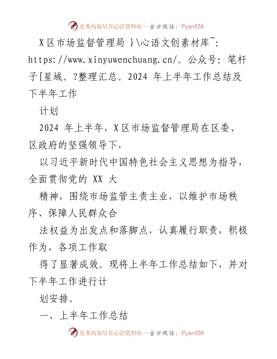 [工作总结] 市场监管局 - 2024年上半年工作总结及下半年工作计划.docx_第1页
