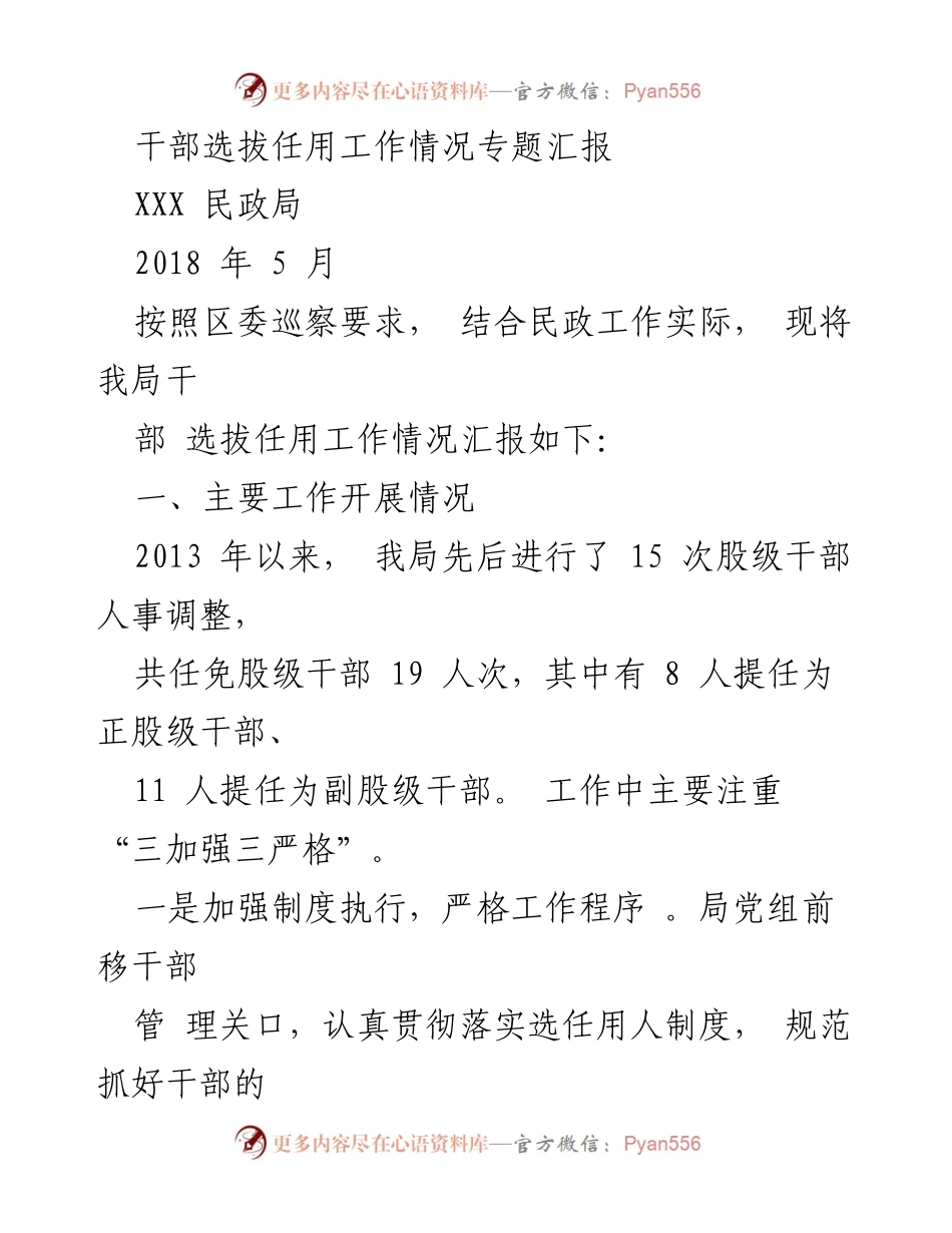 [工作总结] 干部选拔任用 - 民政局干部选拔任用工作情况汇报.docx_第1页