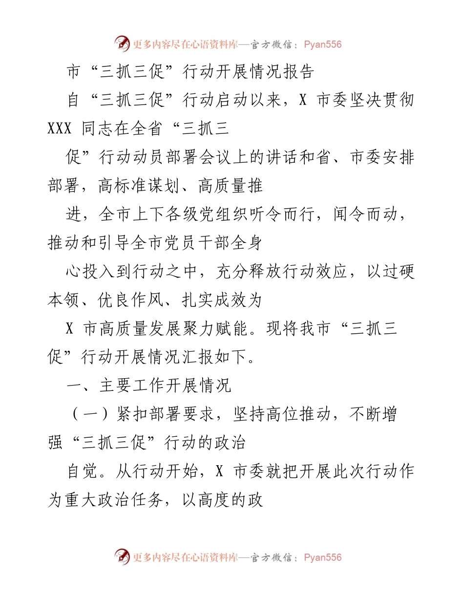 [工作总结] 市“三抓三促”行动 - X 市“三抓三促”行动开展情况总结报告.docx_第1页