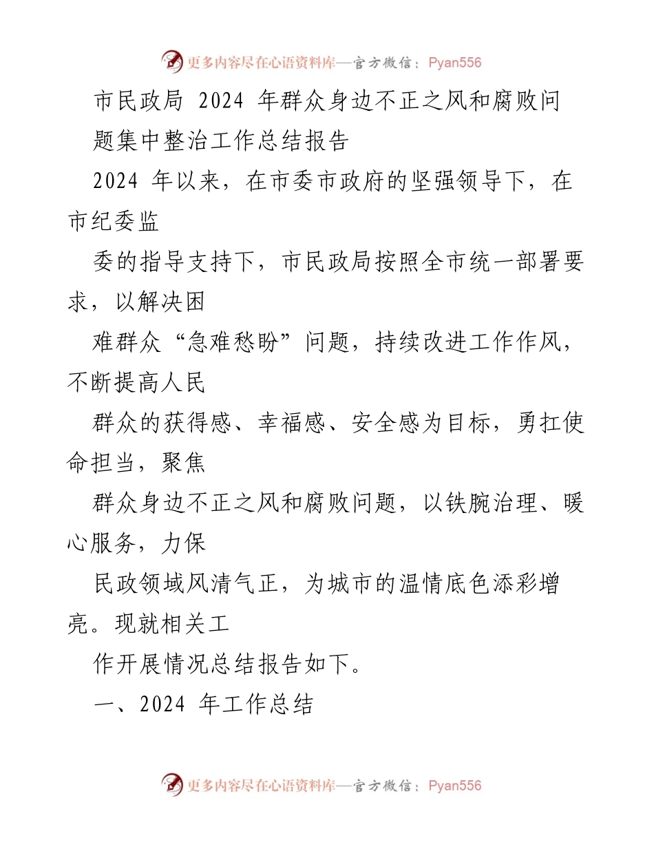 [工作总结] 市民政局 - 2024年群众身边不正之风和腐败问题集中整治工作总结报告.docx_第1页