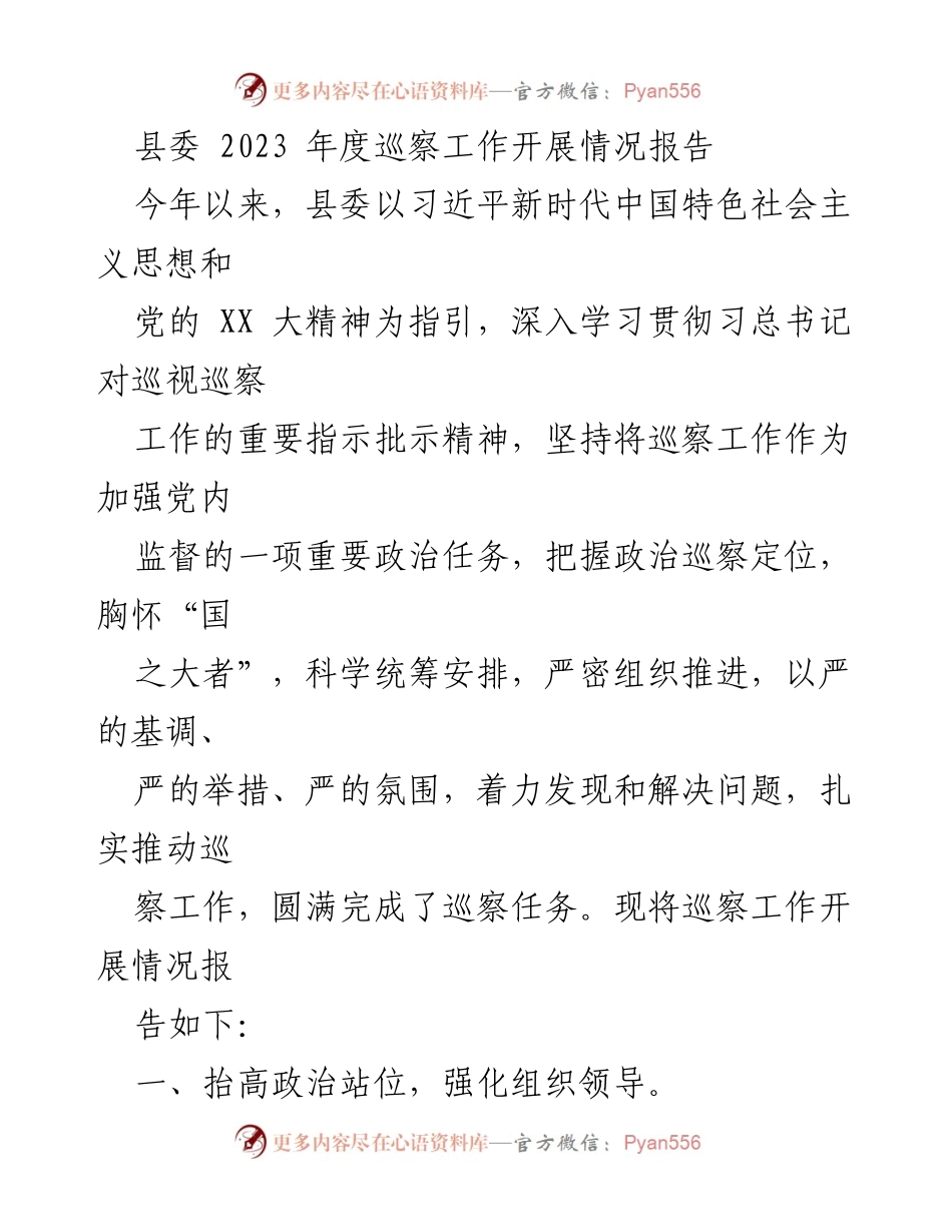 [工作总结] 巡察工作 - 2023年度县委巡察工作开展情况总结报告.docx_第1页