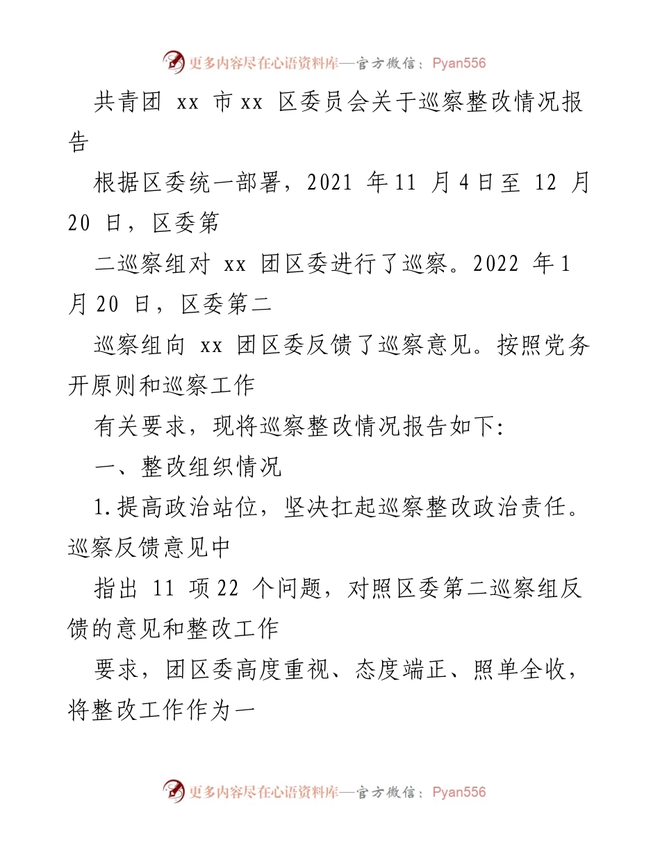 [工作总结] 巡察整改 - 共青团xx市xx区委员会巡察整改情况报告.docx_第1页