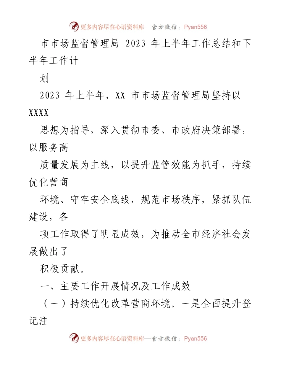 [工作总结] 市市场监督管理局 - 2023年上半年工作总结与下半年工作计划.docx_第1页