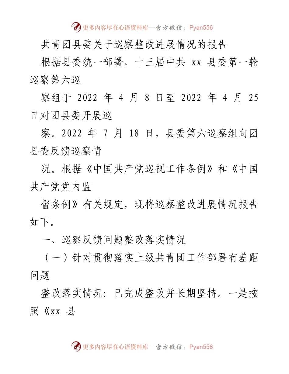 [工作总结] 巡察整改 - 共青团县委巡察整改进展情况报告_2.docx_第1页