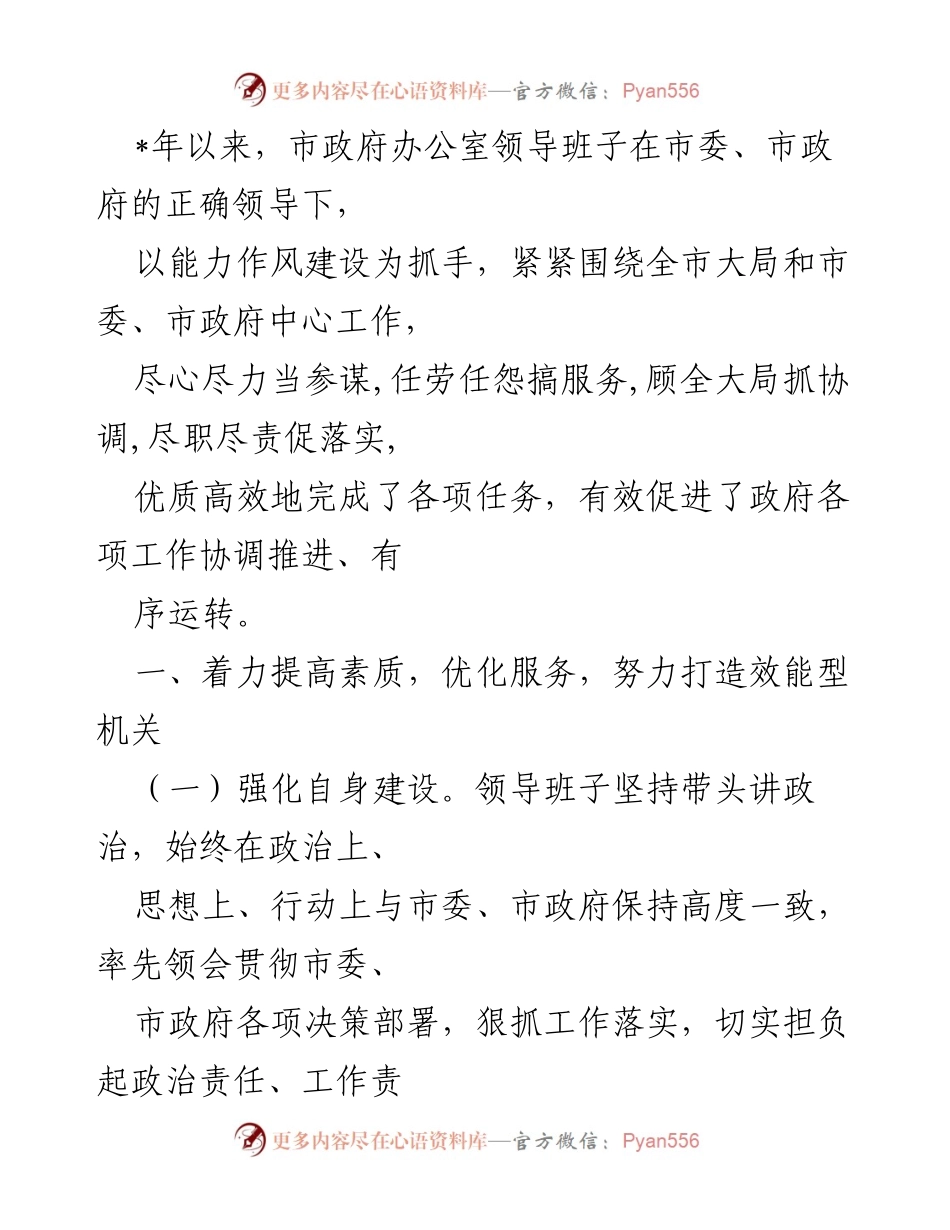 [工作总结] 市政府办公室 - 提升服务效能，促进政府工作协调推进的总结报告.docx_第1页
