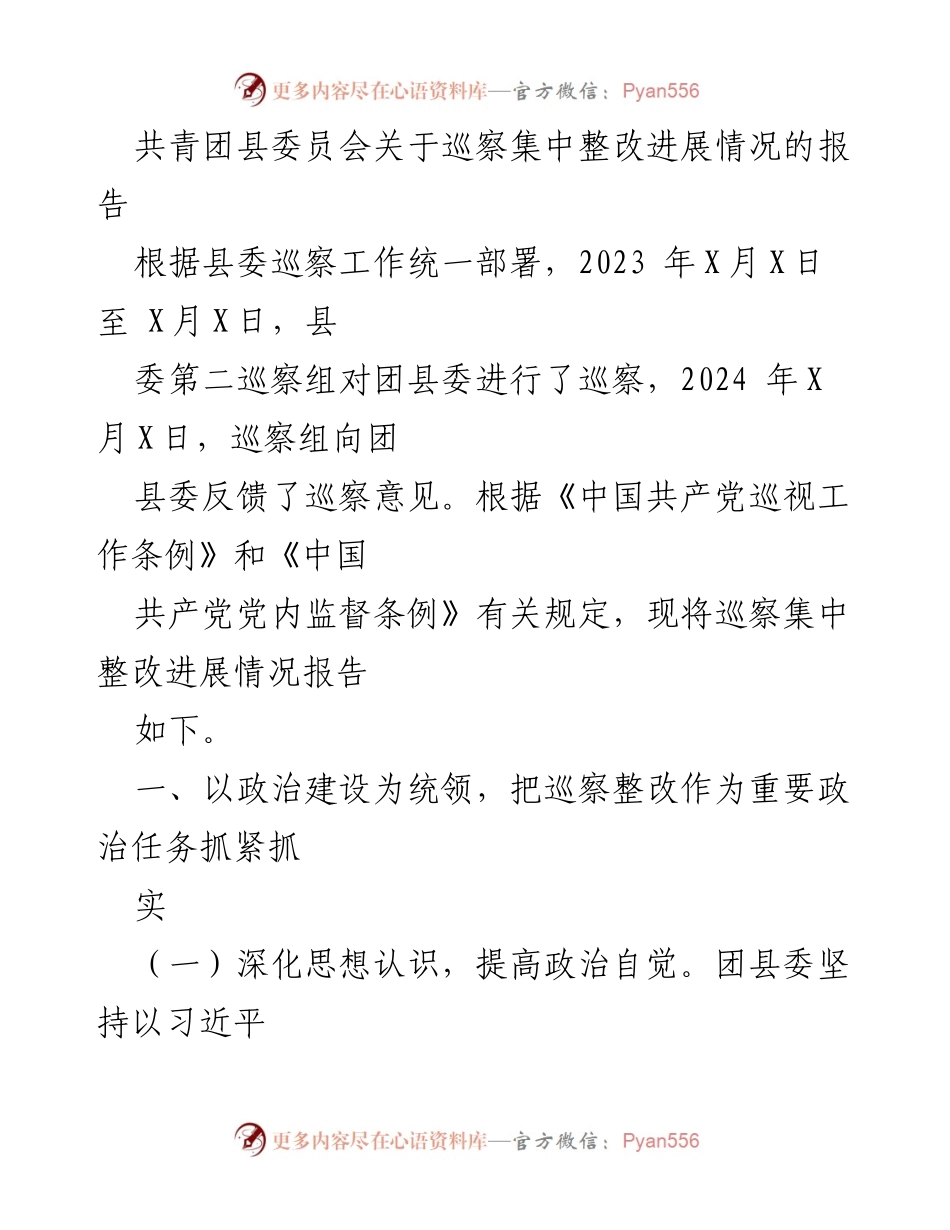 [工作总结] 巡察整改 - 共青团县委员会巡察集中整改进展情况报告.docx_第1页