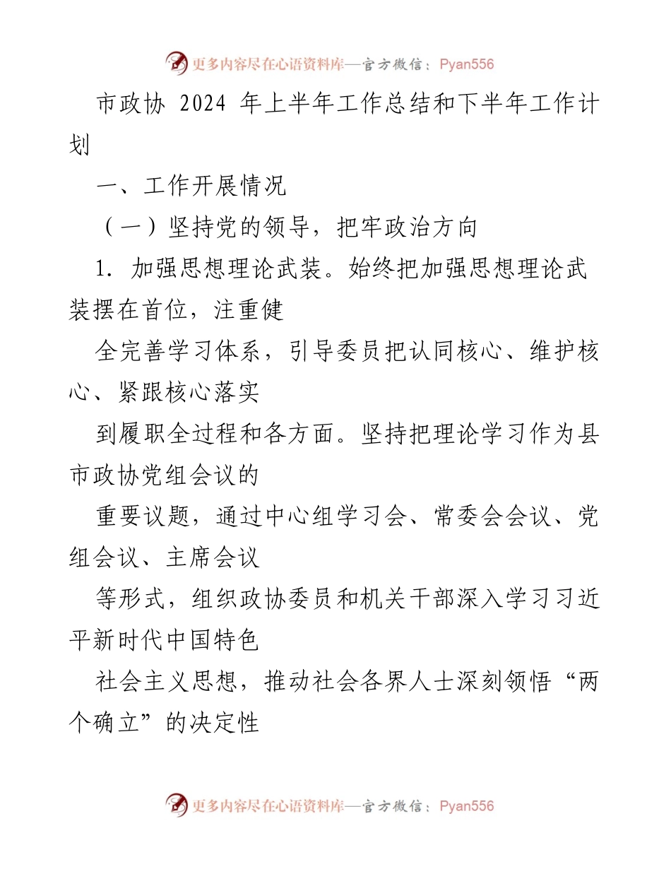 [工作总结] 市政协 - 2024年上半年工作总结与下半年工作计划.docx_第1页