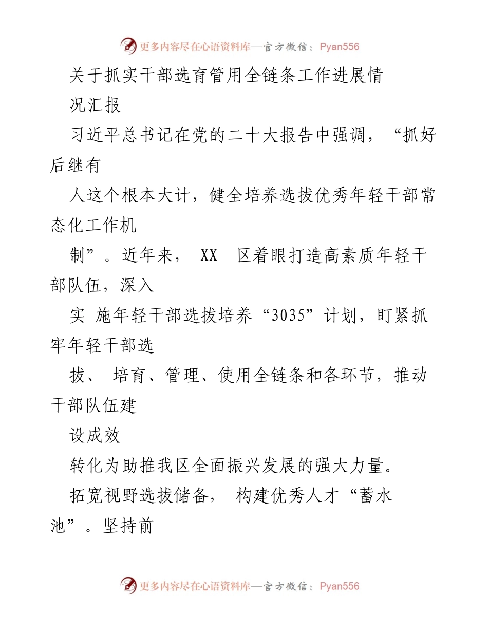[工作总结] 干部选育 - 抓实年轻干部选育全链条工作进展汇报.docx_第1页