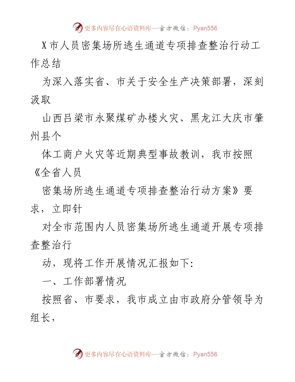 [工作总结] 安全生产 - X市人员密集场所逃生通道专项排查整治行动总结.docx_第1页