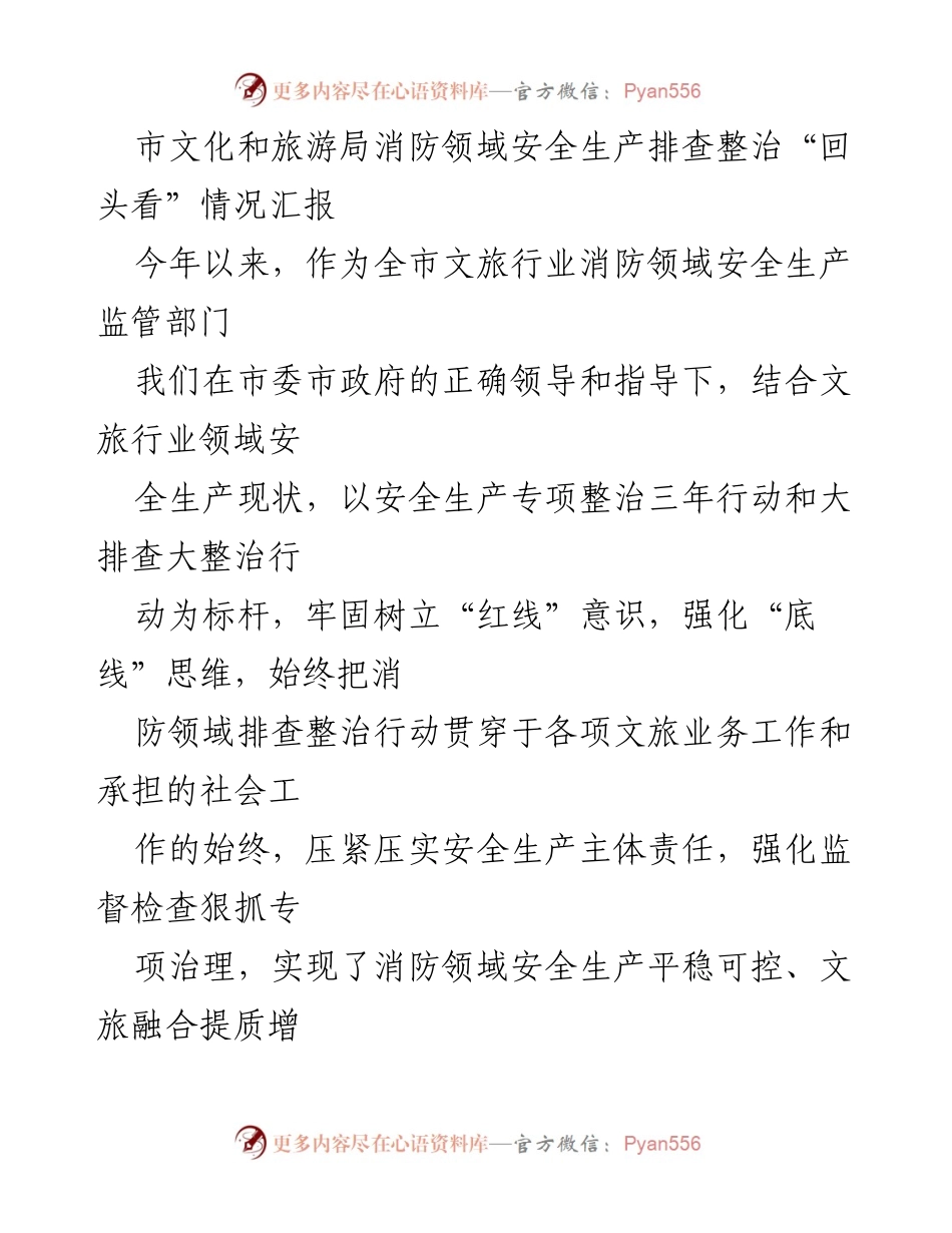 [工作总结] 市文化和旅游局 - 消防领域安全生产排查整治“回头看”工作汇报.docx_第1页