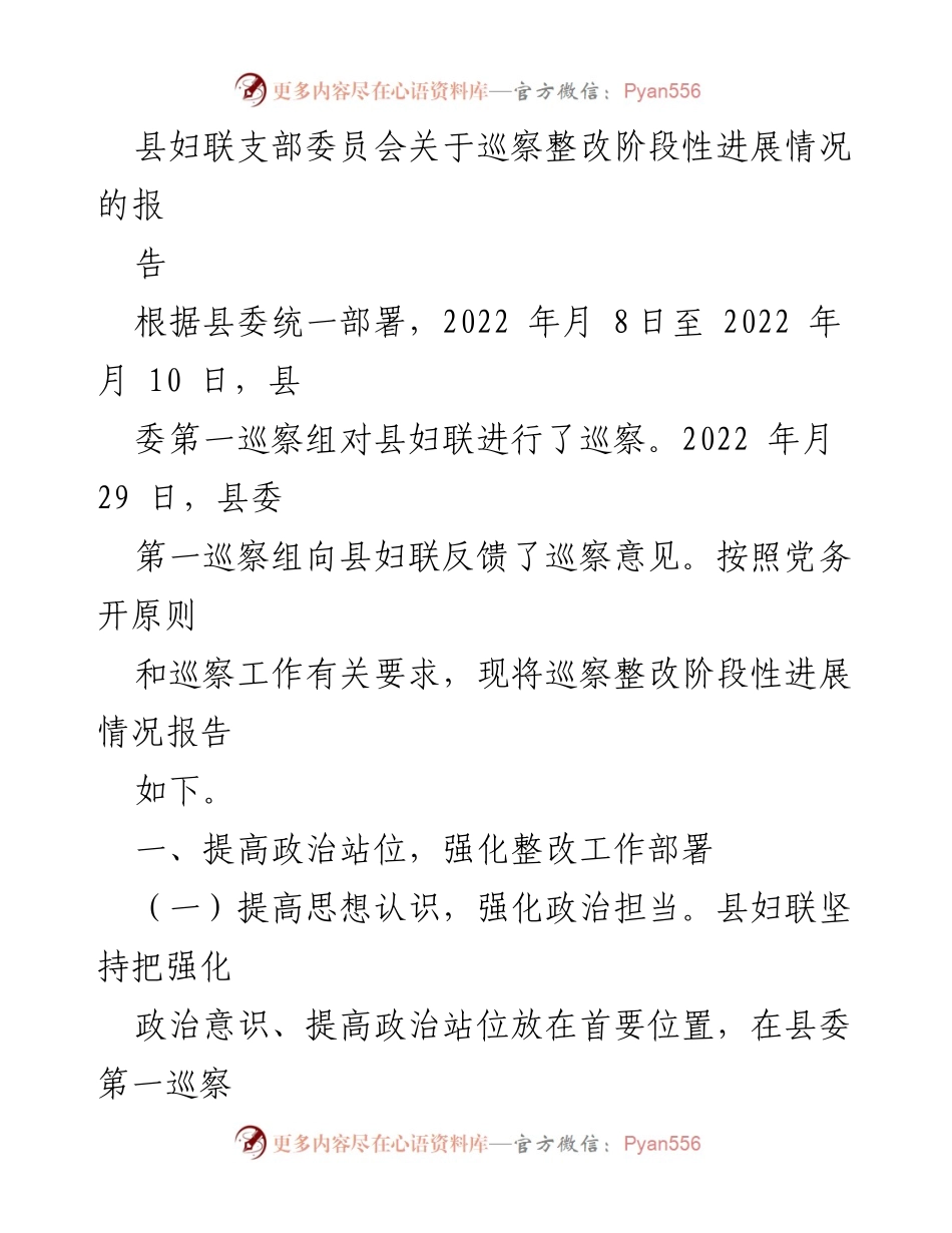 [工作总结] 巡察整改 - 县妇联巡察整改阶段性进展情况报告.docx_第1页