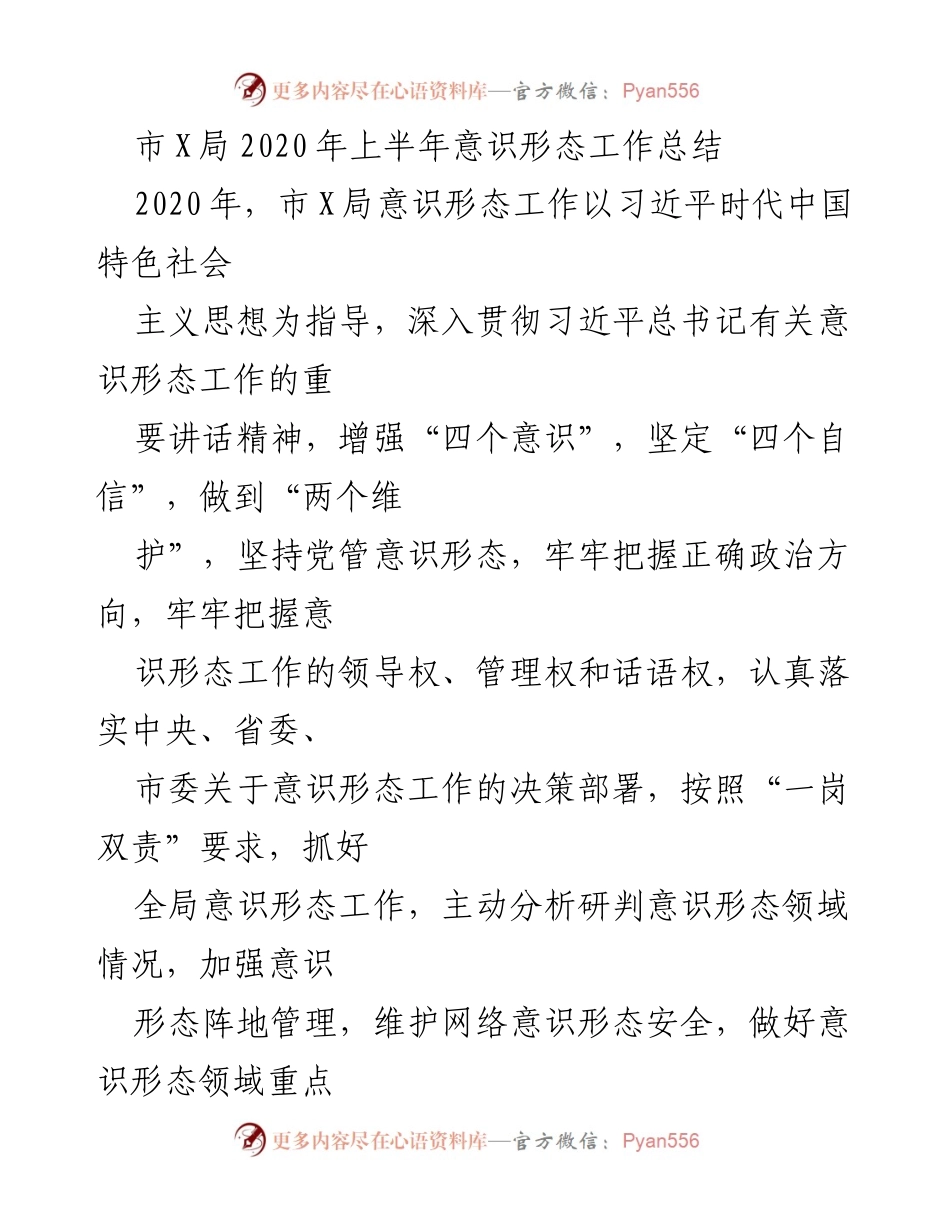 [工作总结] 市X局 - 2020年上半年意识形态工作总结.docx_第1页