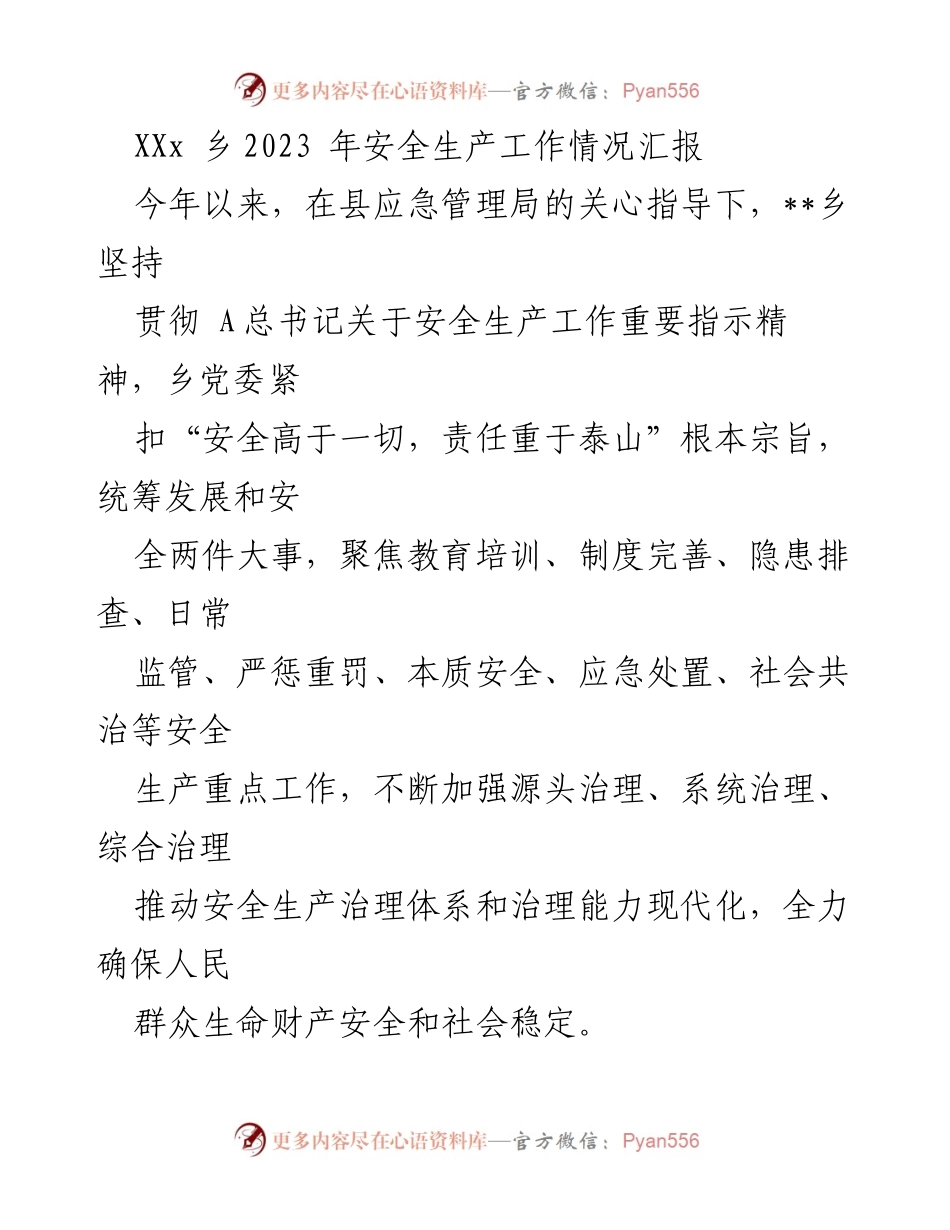 [工作总结] 安全生产 - XX乡2023年安全生产工作情况汇报.docx_第1页