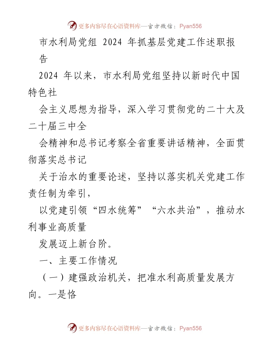 [工作总结] 市水利局党组 - 2024年基层党建工作推进情况总结报告.docx_第1页