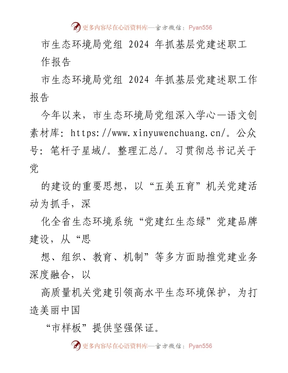 [工作总结] 市生态环境局 - 2024年基层党建工作述职报告.docx_第1页