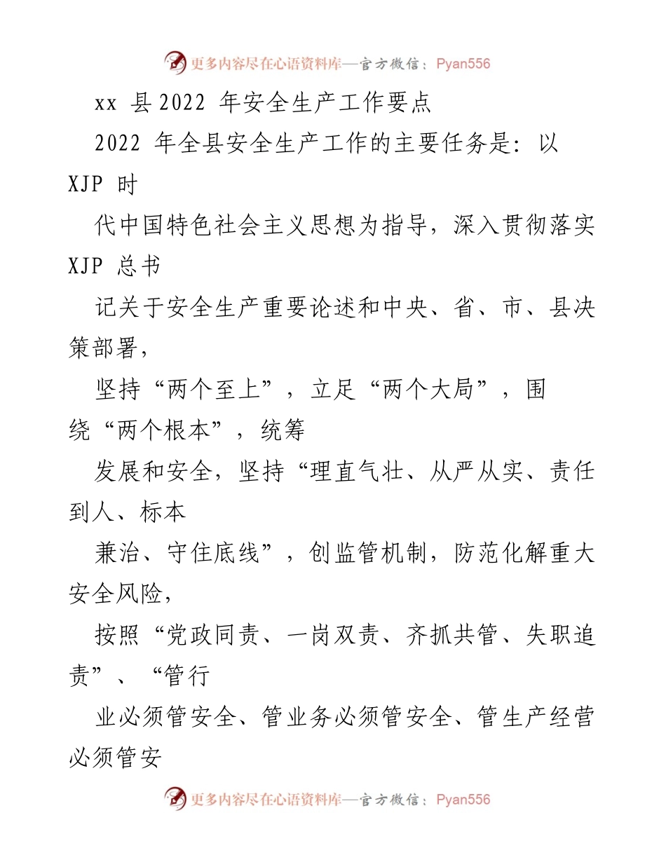 [工作总结] 安全生产 - 2022年xx县安全生产工作要点总结.docx_第1页