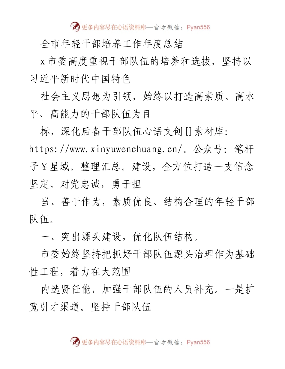 [工作总结] 年度 - 全市年轻干部培养工作年度总结.docx_第1页