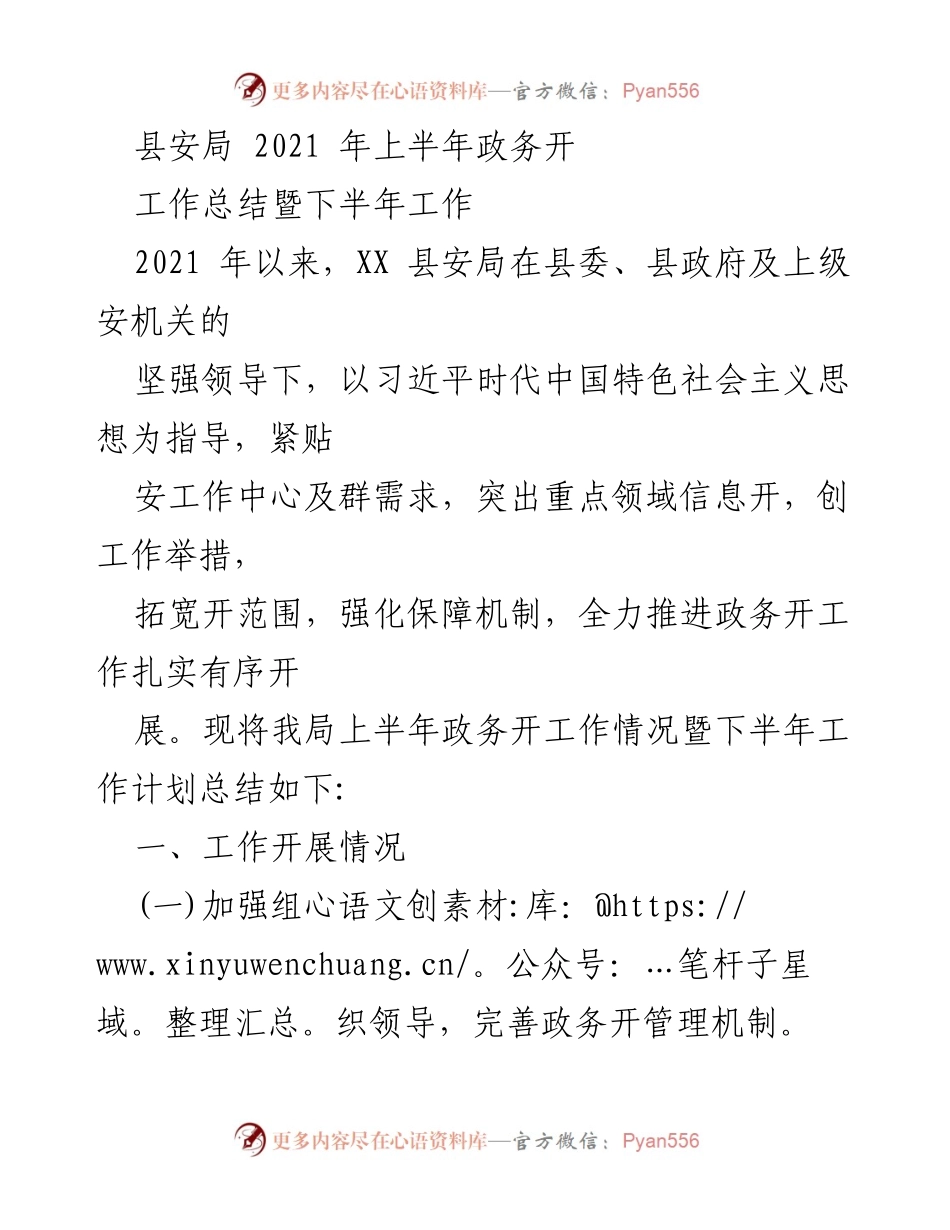 [工作总结] 安全工作 - 2021年上半年县安局政务公开工作总结及下半年计划.docx_第1页