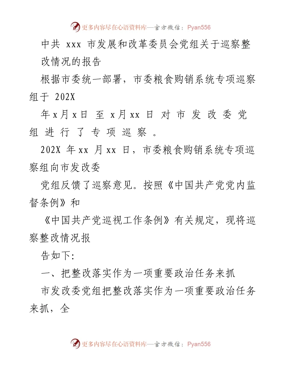 [工作总结] 巡察整改 - 中共xxx市发展和改革委员会党组巡察整改情况报告.docx_第1页
